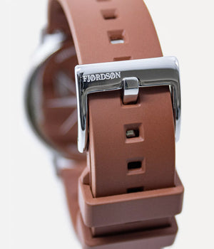 atch strap lock shot - Fjordson watch with black dial and brown rubber watch strap - UNISEX - vegan & approved by PETA - Swiss made