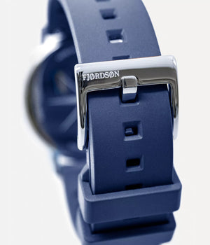 Strap detail lock shot - Fjordson Blue Rubber Watch strap silver buckle - Unisex - vegan & approved by PETA - Swiss made