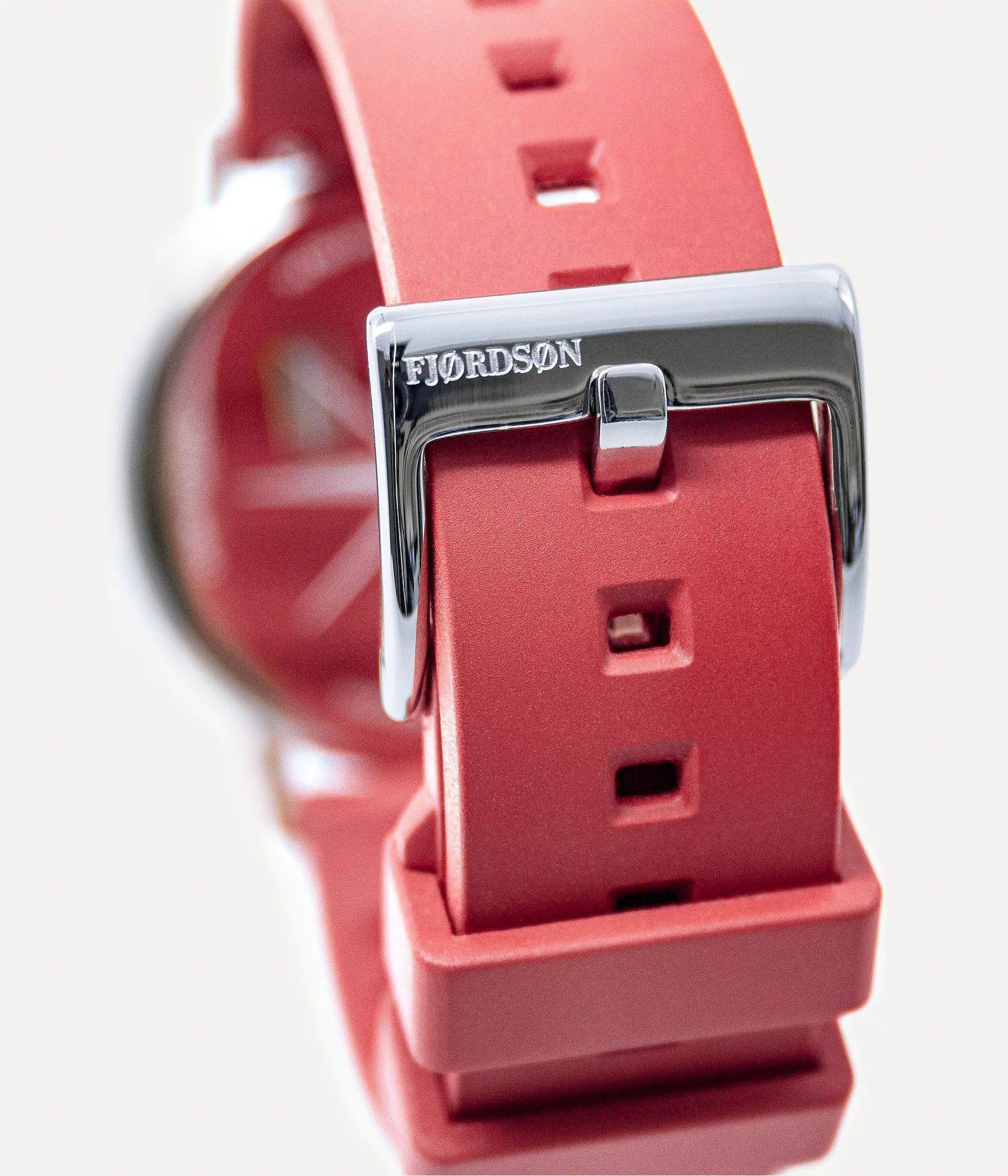 Watch strap lock shot - Fjordson watch with white dial and red rubber watch strap - UNISEX - vegan & approved by PETA - Swiss made