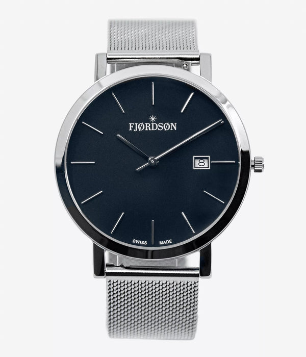 Front shot - Fjordson watch with black dial and silver mesh watch strap - MEN - vegan & approved by PETA - Swiss made