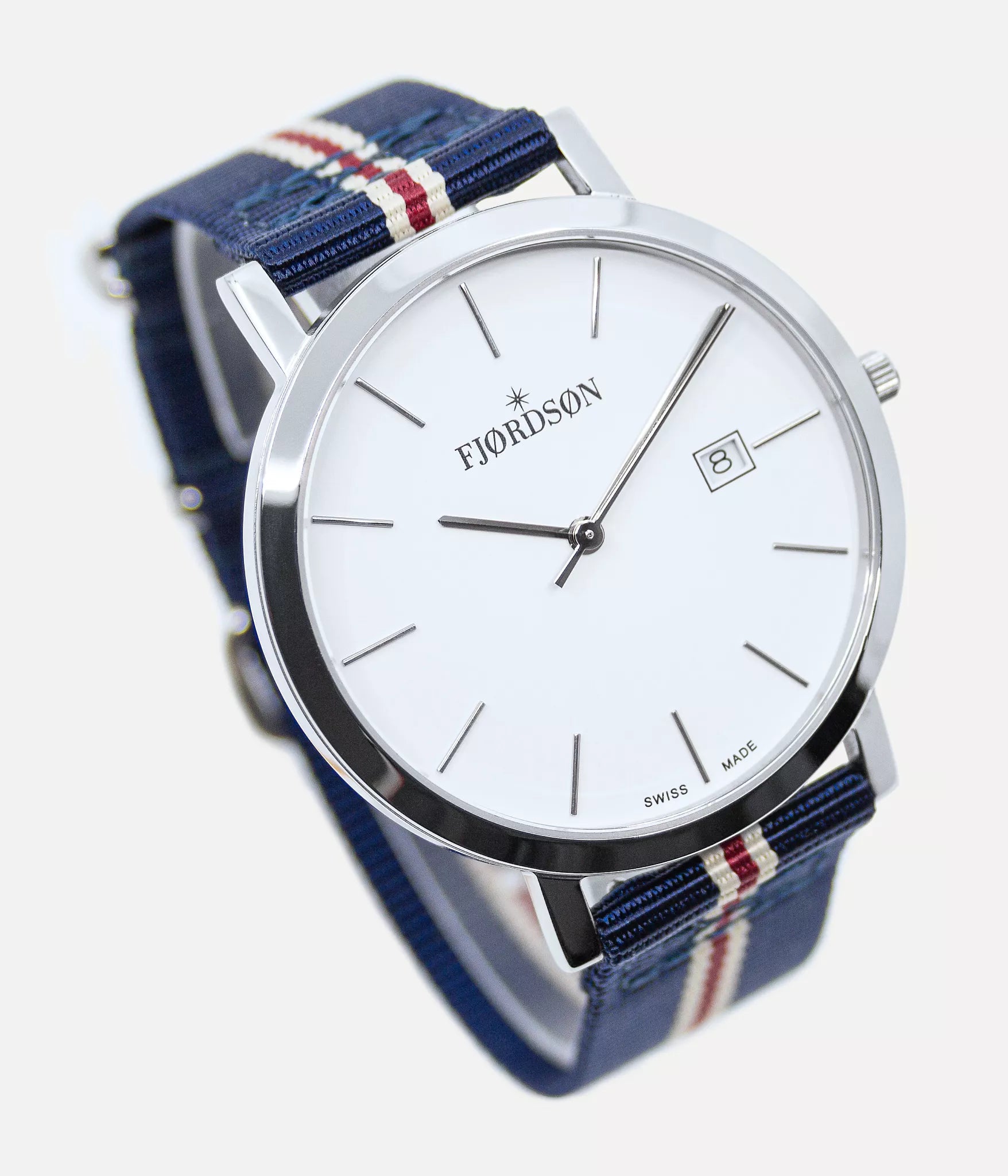 Strap on white dial watch shot - Fjordson Striped Navy Blue Watch strap silver buckle - MEN - vegan & approved by PETA - Swiss made
