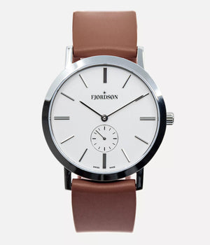 Front shot - Fjordson watch with white dial and brown rubber watch strap - UNISEX - vegan & approved by PETA - Swiss made