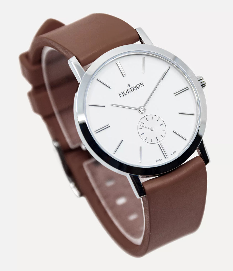 Front shot - Fjordson watch with white dial and brown rubber watch strap - UNISEX - vegan & approved by PETA - Swiss made
