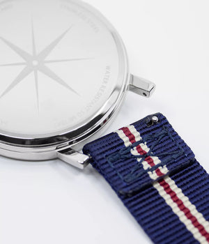 Detail strap shot - Fjordson watch with white dial and navy blue & red striped NATO nylon watch strap - Women's Watch - vegan & approved by PETA - Swiss made