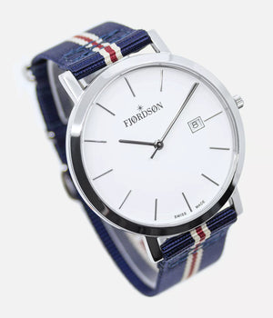 Side shot - Fjordson watch with striped navy blue Nato watch strap - MEN - vegan & approved by PETA - Swiss made