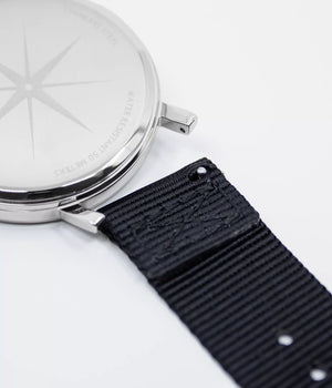 Detail strap shot - Fjordson watch with white dial and black NATO nylon watch strap - Women's Watch - vegan & approved by PETA - Swiss made