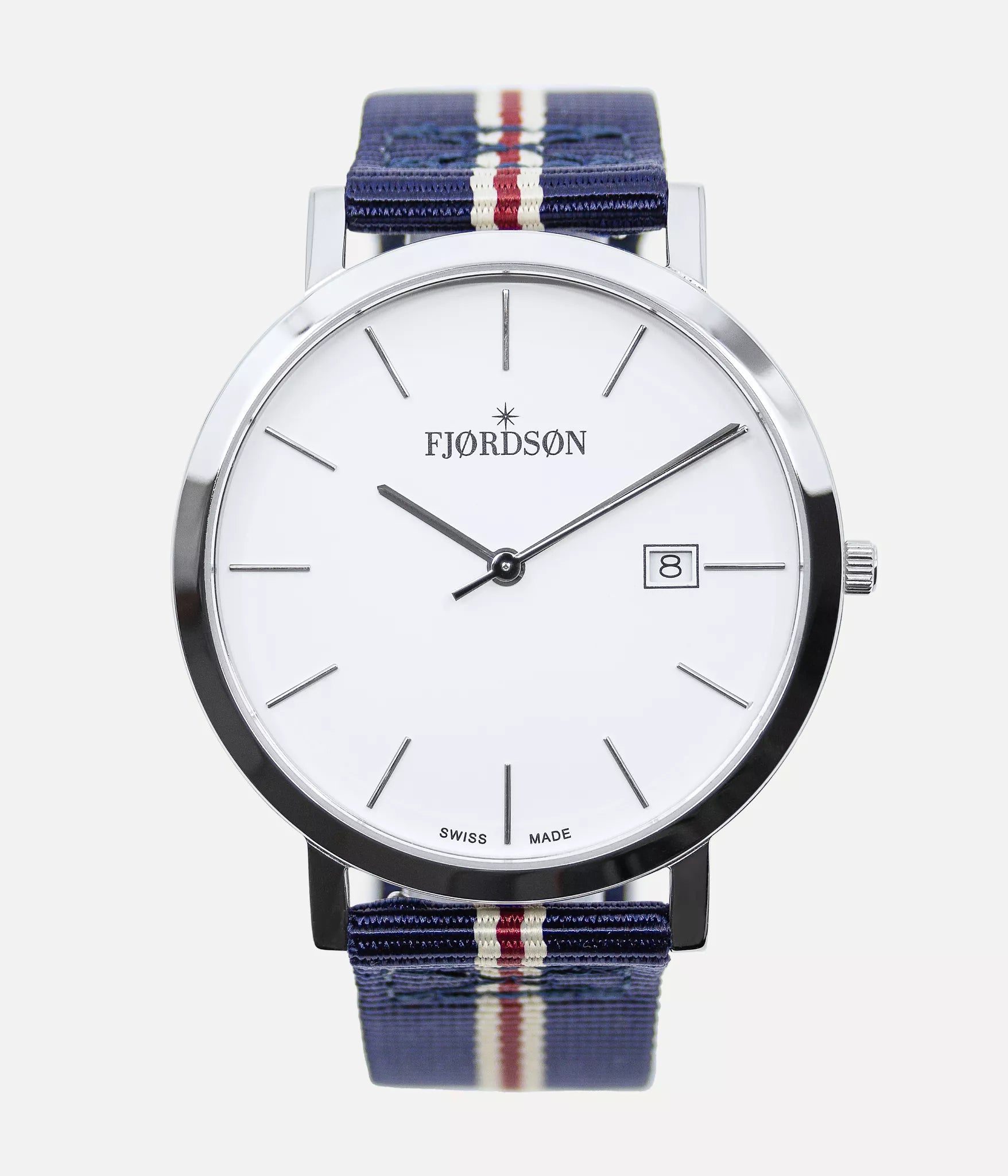 Front shot - Fjordson watch with striped navy blue Nato watch strap - MEN - vegan & approved by PETA - Swiss made