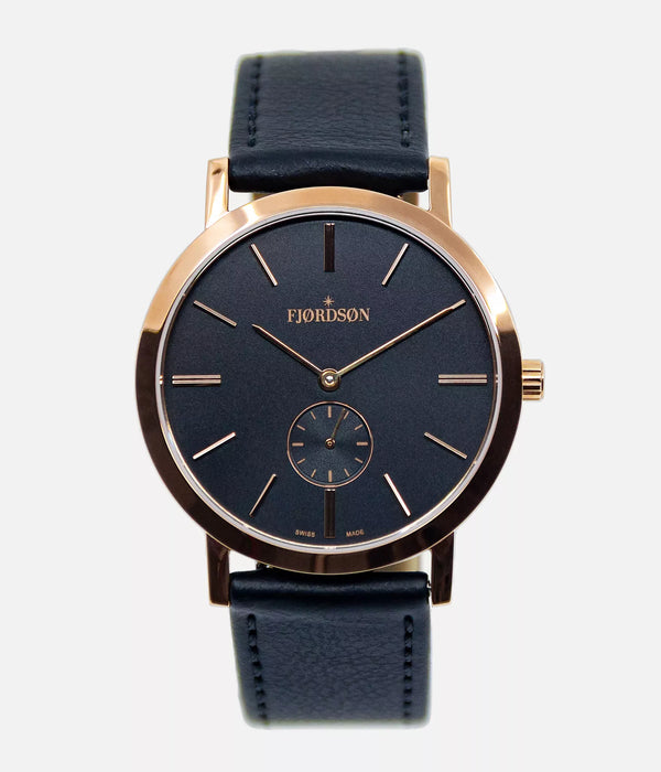 Front shot - Fjordson watch with black dial and black vegan leather watch strap - UNISEX - vegan & approved by PETA - Swiss made