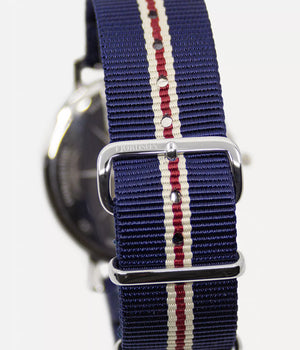 Back strap detail shot - Fjordson matching watches with white dial and striped navy blue NATO nylon watch strap - Couple Watches Gift set - vegan & approved by PETA - Swiss made