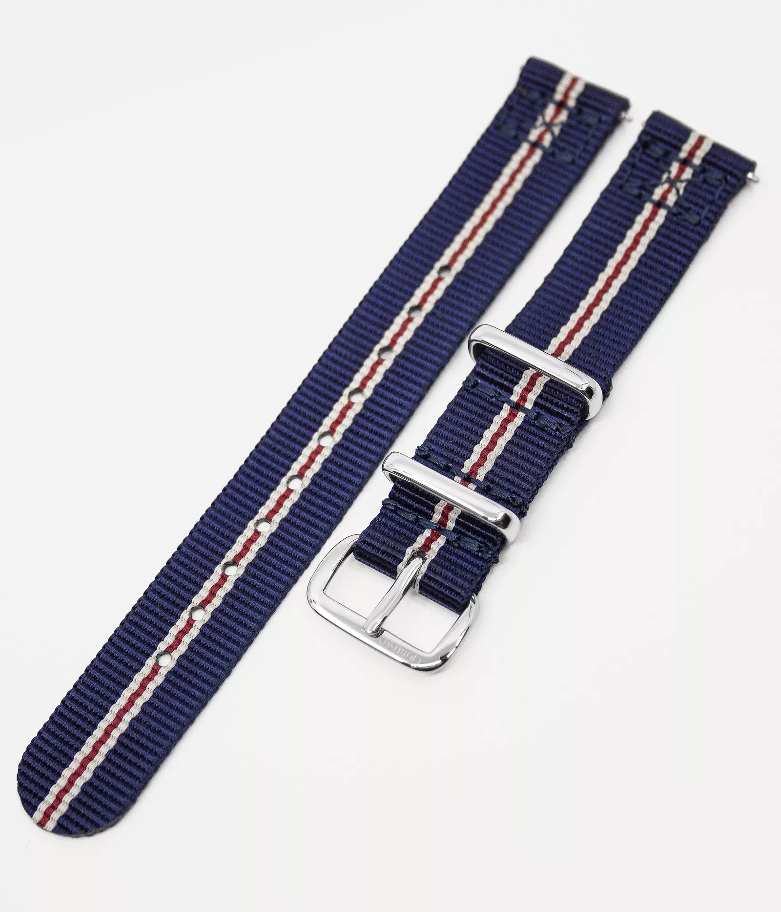 Strap shot - Fjordson Striped Navy Blue Nato Watch strap silver buckle - WOMEN - vegan & approved by PETA - Swiss made