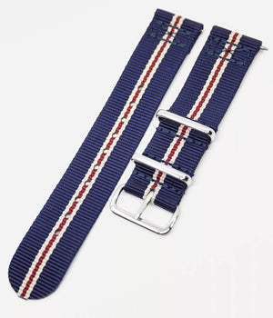 Strap shot - Fjordson Striped Navy Blue Watch strap silver buckle - MEN - vegan & approved by PETA - Swiss made