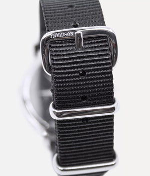 Watch strap lock shot - Fjordson watch with white dial and black NATO nylon watch strap - Women's Watch - vegan & approved by PETA - Swiss made
