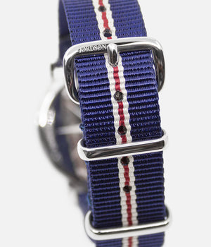 Watch strap shot - Fjordson watch with white dial and navy blue & red striped NATO nylon watch strap - Women's Watch - vegan & approved by PETA - Swiss made