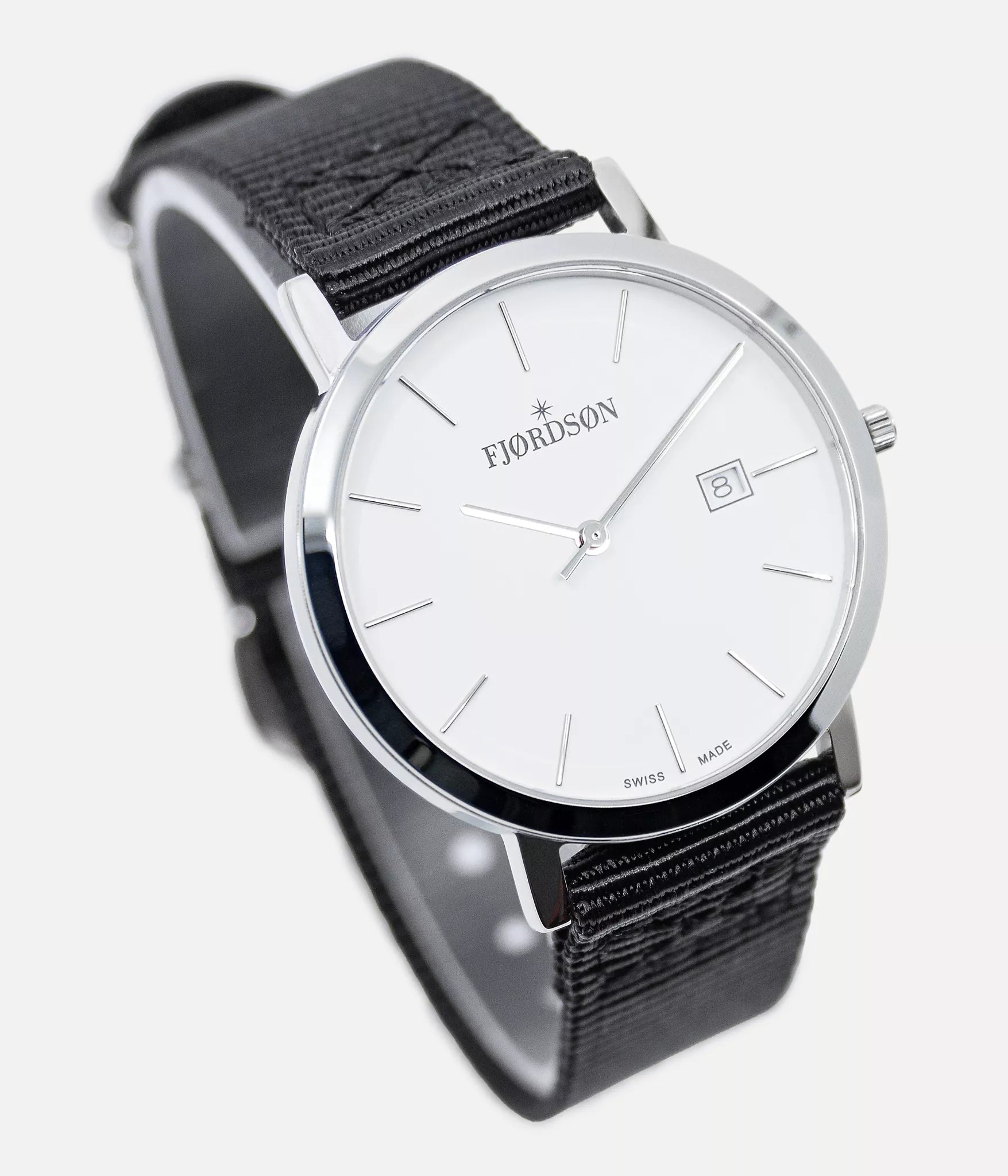 Strap on white dial shot - Fjordson Striped Black Nato Watch strap silver buckle - MEN - vegan & approved by PETA - Swiss made