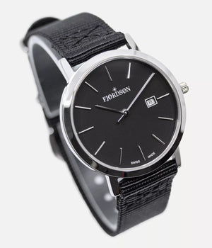 Strap on black dial shot - Fjordson Striped Black Nato Watch strap silver buckle - MEN - vegan & approved by PETA - Swiss made