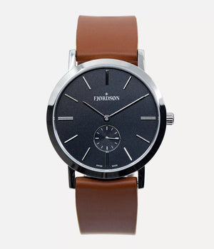 Front shot - Fjordson watch with black dial and brown rubber watch strap - UNISEX - vegan & approved by PETA - Swiss made