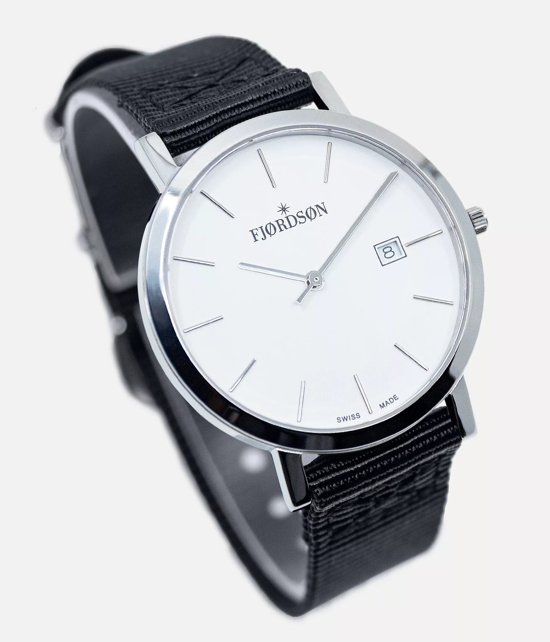 Front shot - Fjordson watch with white dial with black Nato nylon watch strap - MEN - vegan & approved by PETA - Swiss made