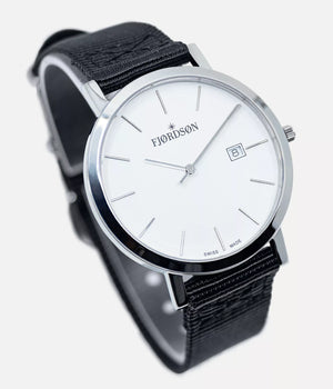 Side shot - Fjordson watch with white dial with black Nato nylon watch strap - MEN - vegan & approved by PETA - Swiss made