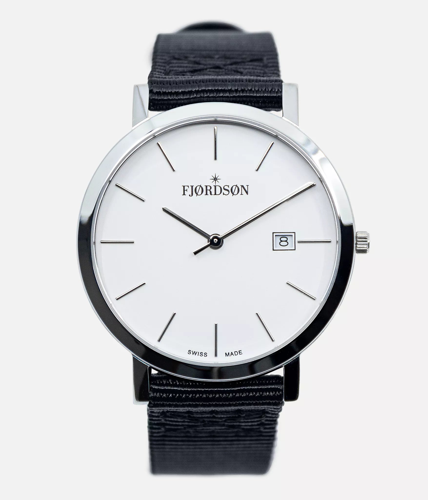 Front shot - Fjordson watch with white dial with black Nato nylon watch strap - MEN - vegan & approved by PETA - Swiss made